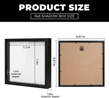 Muzilife 8x8 Shadow Box Picture Frame with Linen Board - Deep Wood & Glass Display Case Ready to Hang Memory Box Baby Sports Memorabilia, Pins, Awards, Medals, Wedding, Tickets and Photos (Black)