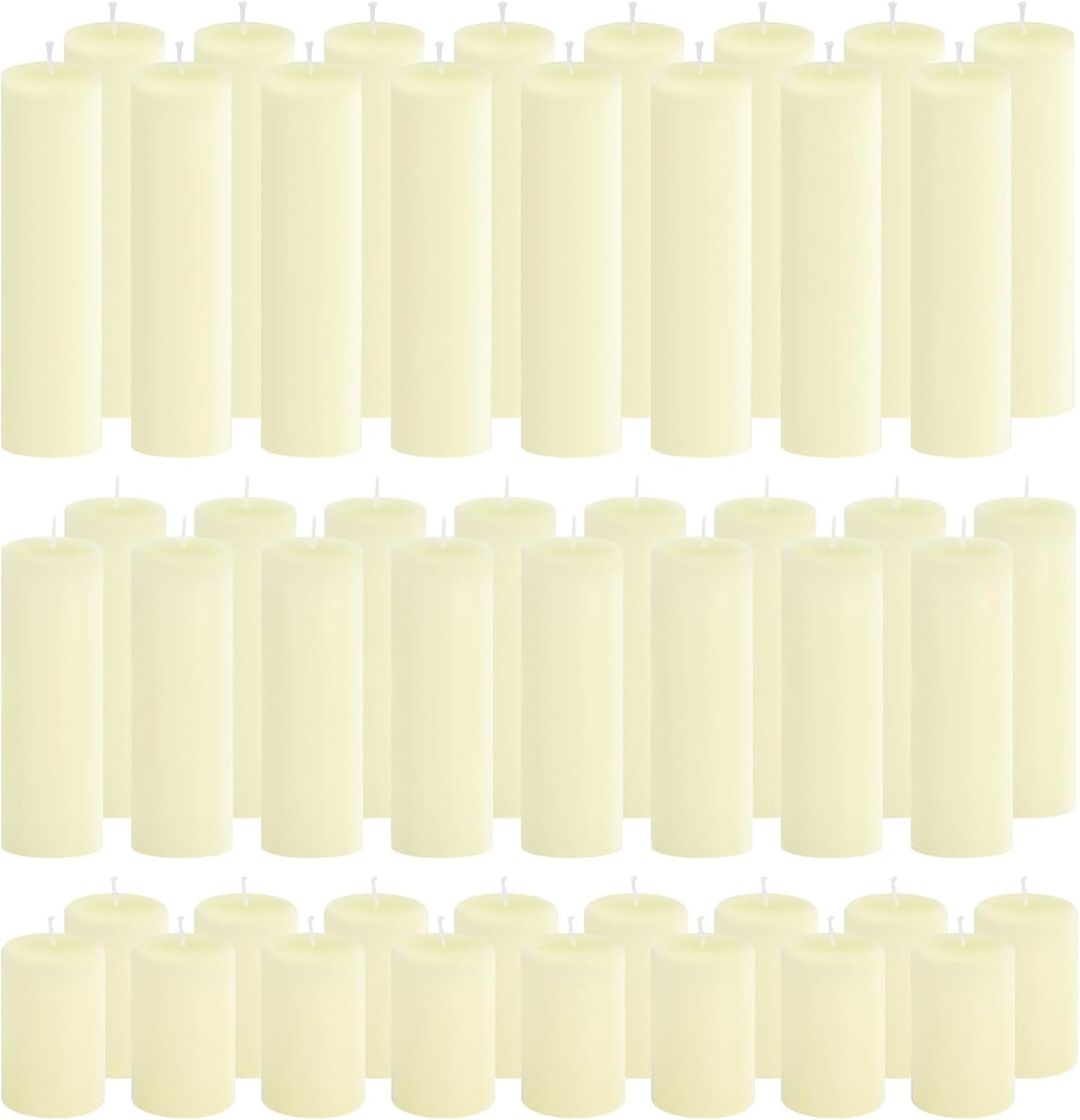 12-Pack Ivory Unscented Pillar Candle Set - 2x3, 2x6, 2x8-inch Long-Burning Drip-Free Tapers, 4 Per Size. Ideal for Home Decor, Weddings, Emergencies, and Holidays.