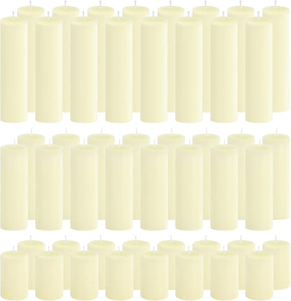 12-Pack Ivory Unscented Pillar Candle Set - 2x3, 2x6, 2x8-inch Long-Burning Drip-Free Tapers, 4 Per Size. Ideal for Home Decor, Weddings, Emergencies, and Holidays.
