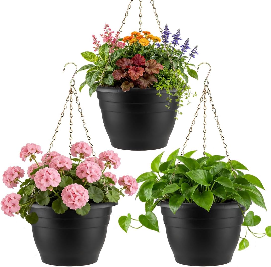 RooTrimmer Hanging Planters for Indoor Outdoor Plants 8 and 10 Inch, 4 Packs Hanging Flower Pot with Drainage Holes, Self-Watering Hanging Basket Perfect for Home, Office and Garden, White