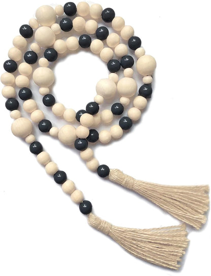 OMISHE Wood Bead Garland with Tassels 61 Inches, Boho Decorative Beads, Farmhouse Beads Garland for Home Tiered Tray Decor, Beige Gray