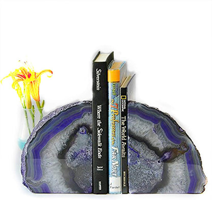 JIC Gem Dyed Blue Agate Bookends Geode Decorative Book Ends for Heavy Books with Rubber Bumpers for Office and Home Decoration Polished Small Size 2 to 3 Lbs