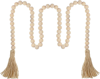 34in Farmhouse Wood Beads Garland with Tassels, Decorative Bead Home Decor Wooden Beads Garland Country Room Hanging for Wood Entryway Table, Shelf, Tray, Curtain Decor (Beige)
