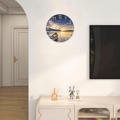 Beach Wall Clock Battery Operated 12 Inch Glass Wall Clock Non Ticking Analog Blue Wall Clocks for Bedroom Living Room Office Decor