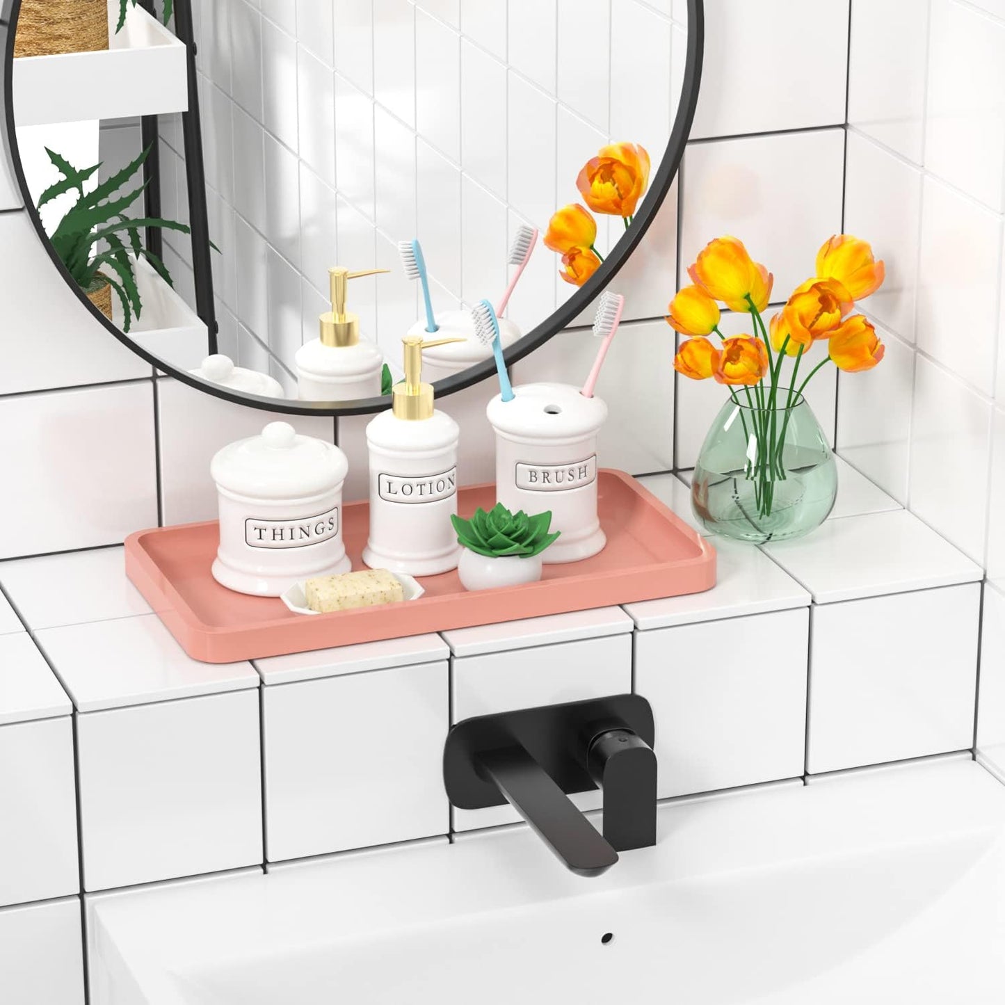 Bathroom Vanity Tray for Countertop - Bamboo Organizer Tray for Dresser Tops, Toilet, Perfume Small Decorative Tray Wood Tray for Home Decoration 11.81” L x 6.1” W x 0.79” H Black