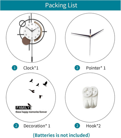 Wall Clock for Living Room Decor Decorative Wall Clock with Pendulum Silent Quartz Battery Operated Black Metal Large Clock for Dining Room,Kitchen,Home,Bathroom,Bedroom,13.8x21.3 in