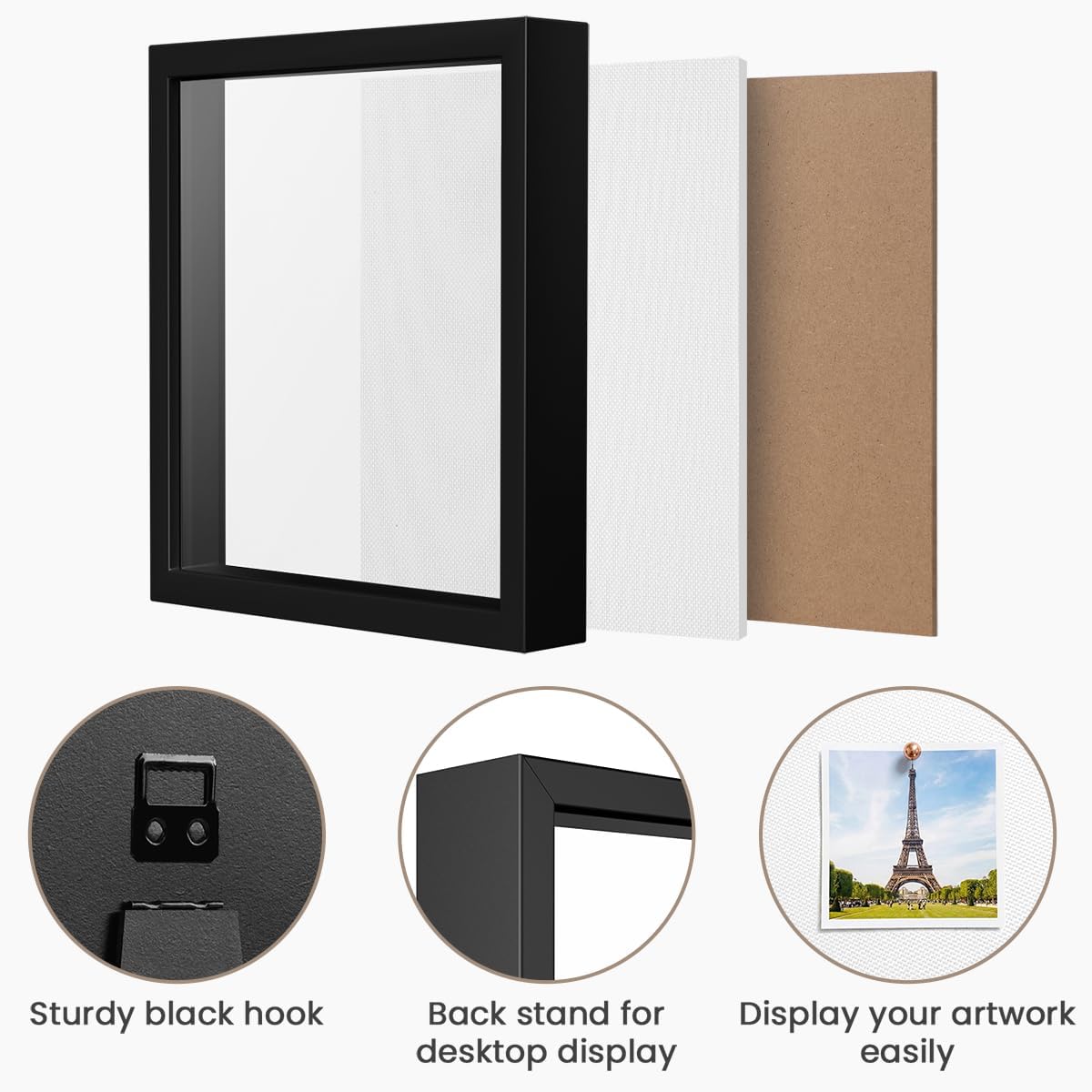 8x8 Shadow Box Frame | Soft Linen Back & Push Pins Included, Polystyrene Glass Memory Display Case for Flowers, Tickets & Cherished 3D Items, White