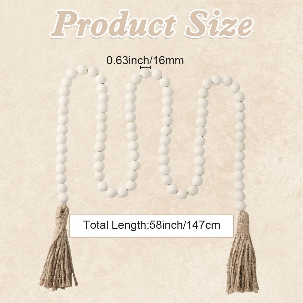 Wood Bead Garland 58 Inch Nature Wooden Beads for Boho Farmhouse Table Home Decor with Tassel, Wooden Prayer Bead, Rustic Country Boho Wall Hanging Decor for Kitchen Modern Living Room Tray Vase Shelf