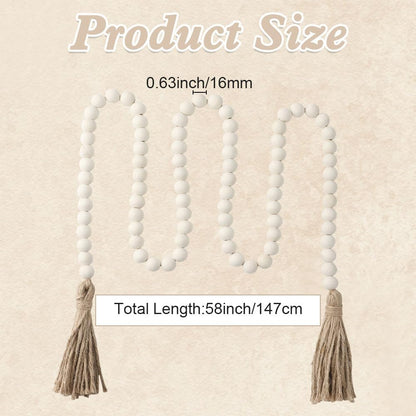 Wood Bead Garland 58 Inch Nature Wooden Beads for Boho Farmhouse Table Home Decor with Tassel, Wooden Prayer Bead, Rustic Country Boho Wall Hanging Decor for Kitchen Modern Living Room Tray Vase Shelf