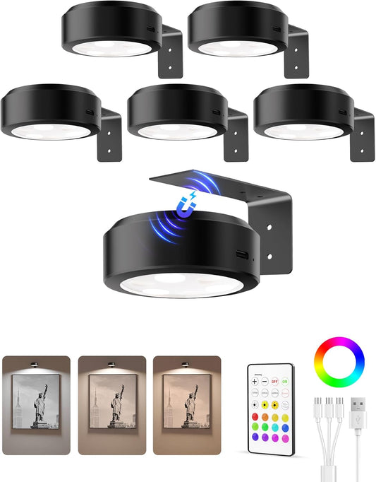 EZVALO Picture Lights for Wall, 2000mAh Rechargeable Battery Magnetic Poster Lights with 3 Color Temps & 12 RGB, Remote Dimmable Timer Painting Light, Wall Decor Light for Art Display, Frame (3 Pack)