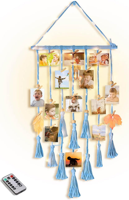 Homecor Hanging Photo Display Wall Decor, Macrame Wall Hanging Boho Room Bedroom Decor, Picture Frame Collage Board with Light 30 Clip, Christmas Teenage Teen Girl Gifts Ages 10 11 12 13 14 Years Old
