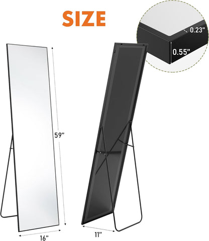 DUMOS Full Length Mirror 64"x21" Full Body Floor Mirror for Bedroom or Cloakroom, Can Stand Alone, Hang or Lean Against Wall, Tall Wall Mirror with Stand, Black