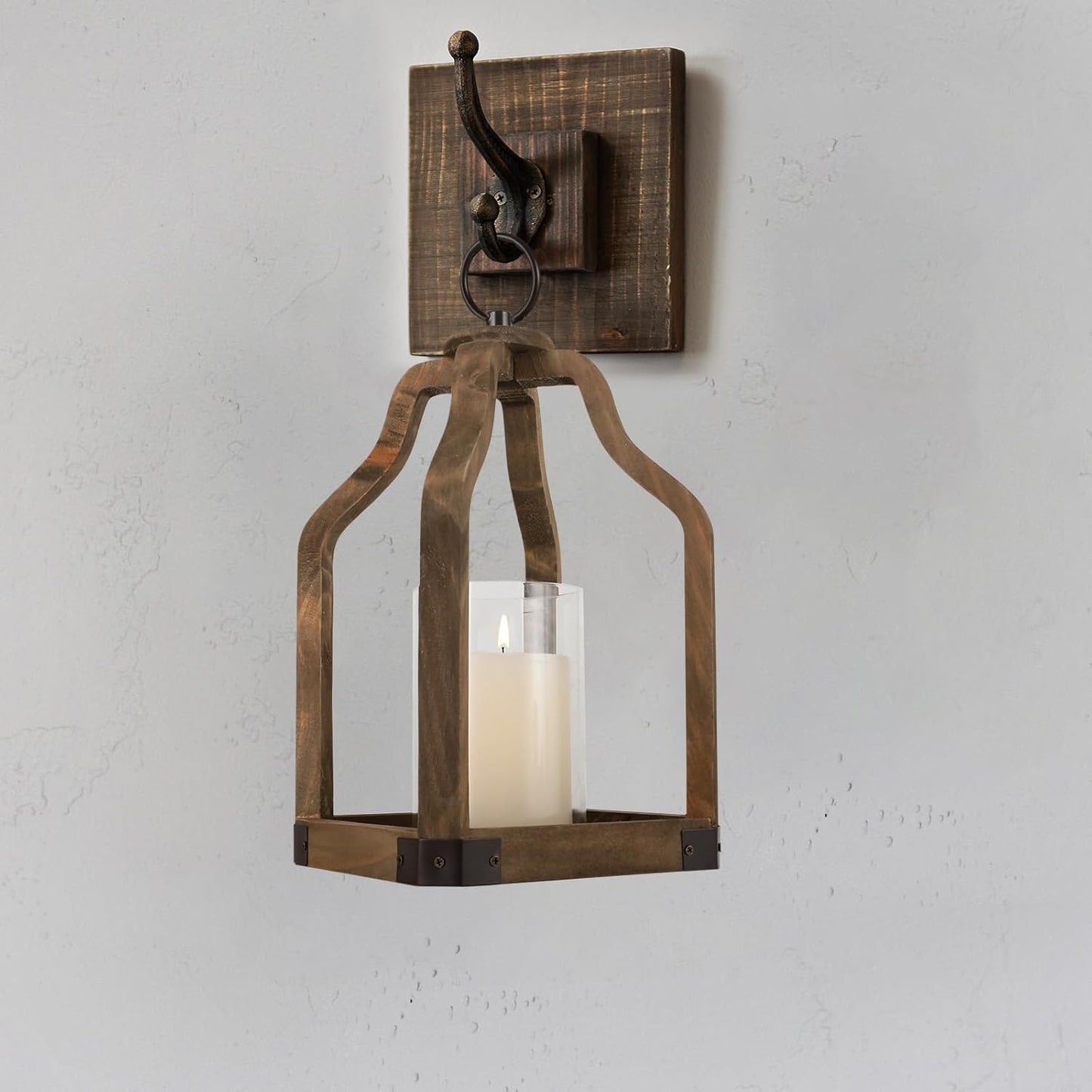 Rustic Wood Lantern Candle Holder for Farmhouse Decor - Indoor and Outdoor Table Centerpiece with Glass Hurricane, 13" High