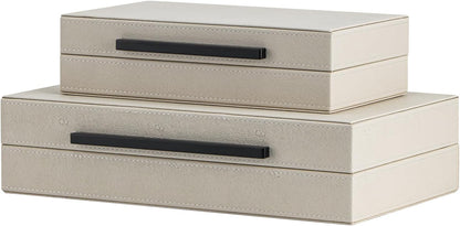 Set of 2 Beige Shagreen Decorative Storage Boxes with Gold Metal Handles – Faux Leather Jewelry & Memory Boxes, Nesting Photo Organizers for Home Decor