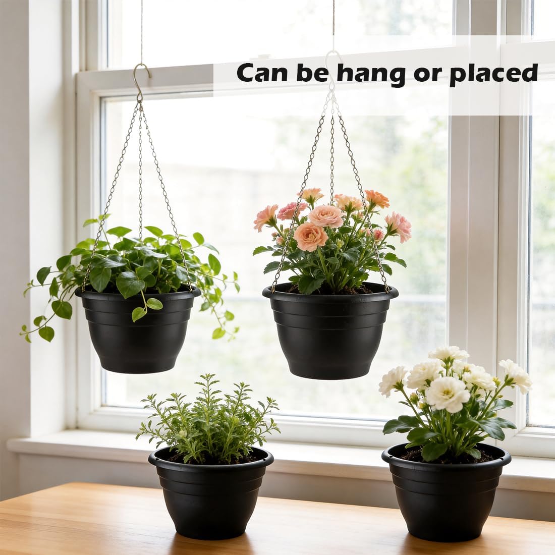 RooTrimmer Hanging Planters for Indoor Outdoor Plants 8 and 10 Inch, 4 Packs Hanging Flower Pot with Drainage Holes, Self-Watering Hanging Basket Perfect for Home, Office and Garden, White