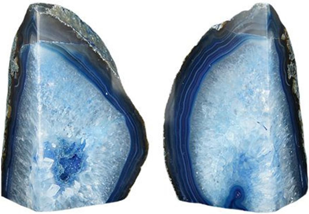 JIC Gem Dyed Blue Agate Bookends Geode Decorative Book Ends for Heavy Books with Rubber Bumpers for Office and Home Decoration Polished Small Size 2 to 3 Lbs