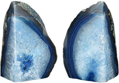 JIC Gem Dyed Blue Agate Bookends Geode Decorative Book Ends for Heavy Books with Rubber Bumpers for Office and Home Decoration Polished Small Size 2 to 3 Lbs