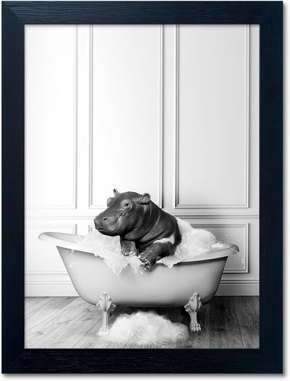 Bathroom Picture Wall Decor, Framed Black and White Bathroom Wall Art, Toilet Paper in Little Funny Raccoon's Hand Animal Canvas Print Painting