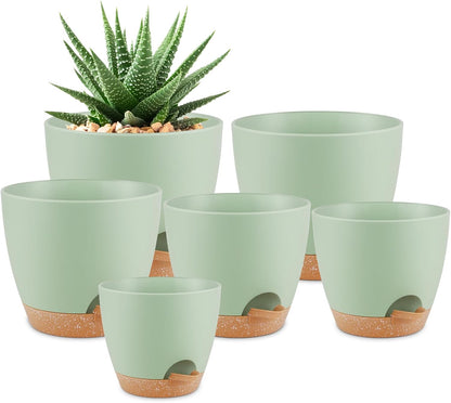 QRRICA Plant Pots 10/9/8/7.5/7 Inch Self Watering Pots, Set of 5 Plastic Planters with Drainage Holes and Saucers,Plastic Flower Pots,Nursery Planting Pot for Indoor Out Door Plants（Green）