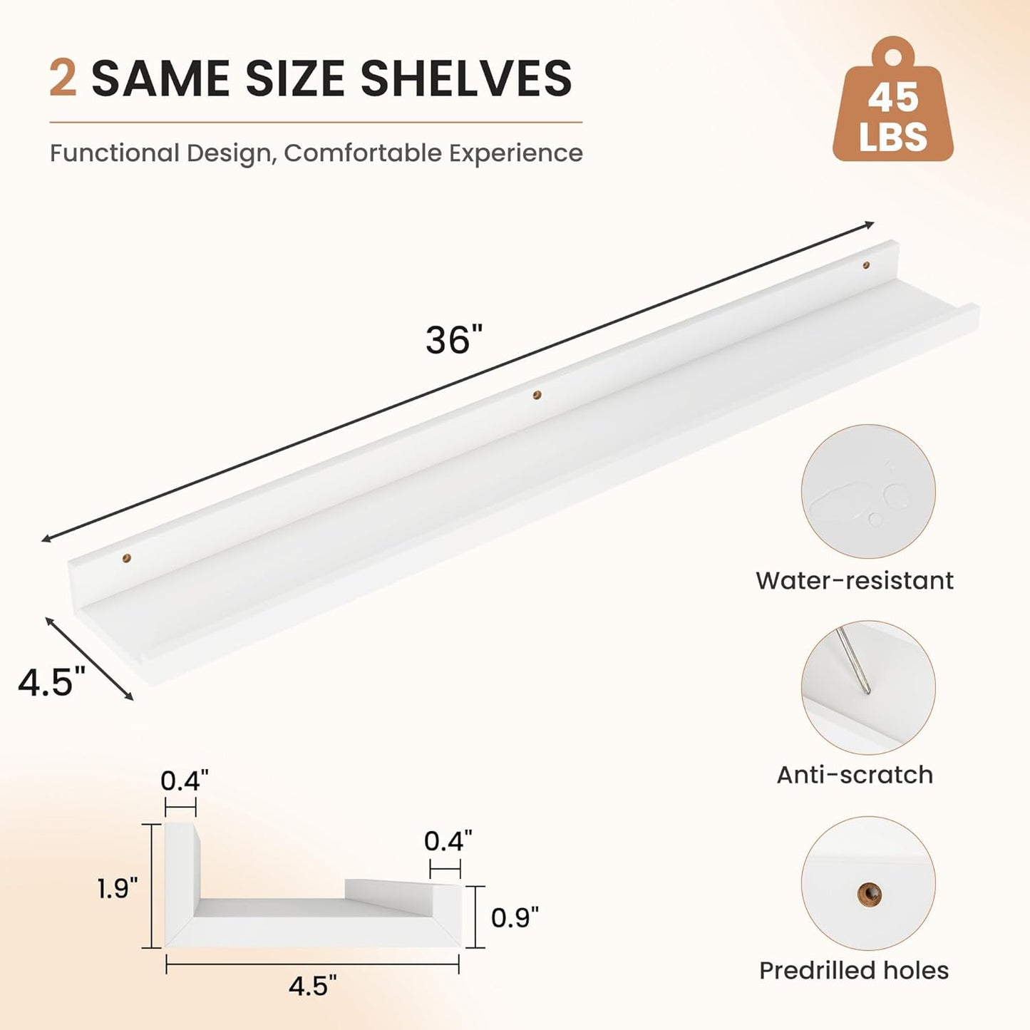 Dreamland Picture Ledge Shelf for Wall, Floating Shelves Set of 2, 48 Inch Long Floating Shelves with Lip for Living Room, Bedroom, Bathroom, Kitchen, White