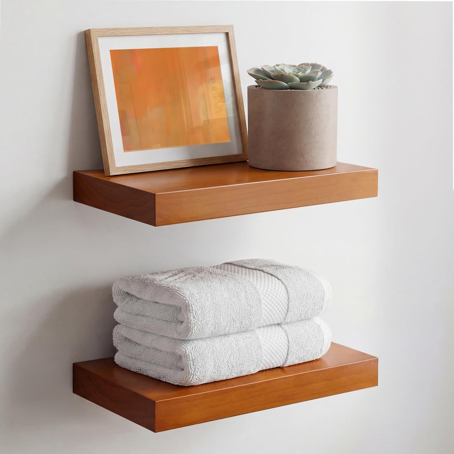 Homeforia 24 inch Natural Floating Shelf, High End Solid Real Wood 24inch Small Floating Shelves for Wall Mounted, Natural Wooden Floating Shelves, Heavy Duty Bracket, 24 X 6.5 X 1.75 in, Set of 2