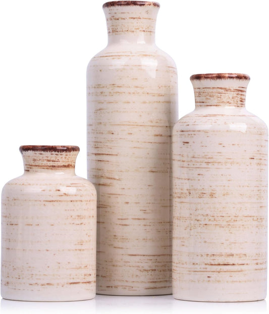 Blue Ceramic Vase Set - 3 Blue Small Vases, Farmhouse Country Flower Vase Home Decor, Living Room Decoration, Table Decoration, Fireplace Decor, and Entrance Decorations Centerpieces