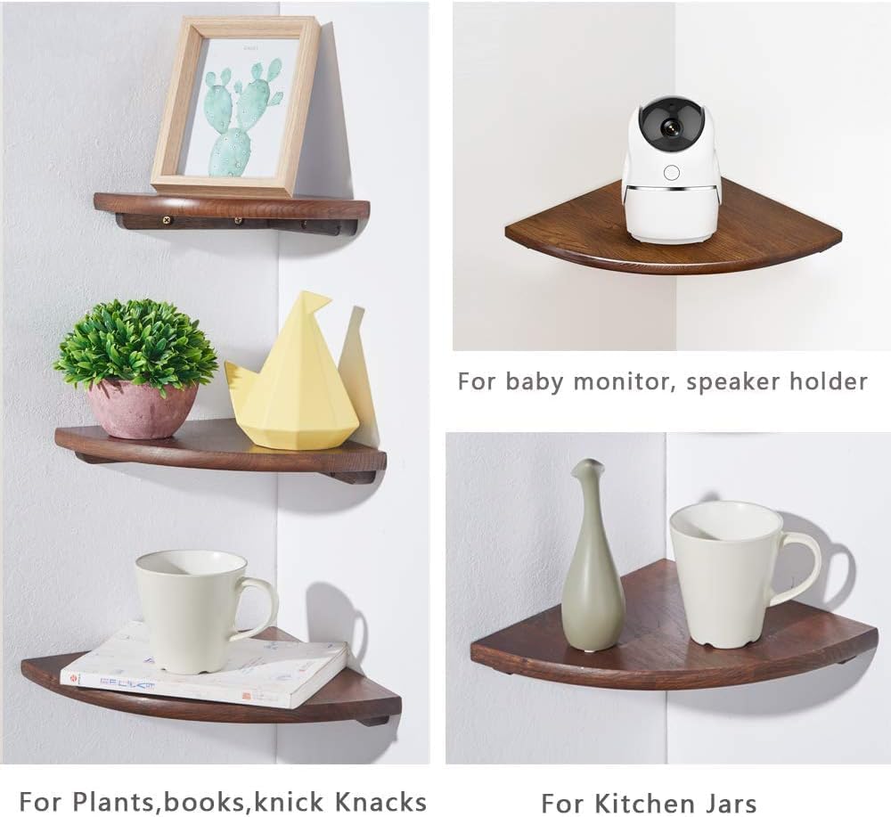 Corner Shelves, Floating Corner Shelf, Set of 2 7inch Solid Oak Wood Wall Shelves, Round End Wall Mount with Wire Hole Shelving for Small Plant for Bedroom Kitchen, Living Room
