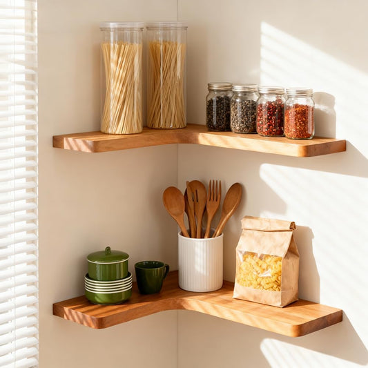 Floating Corner Shelves, Wall Shelf Set of 3, Shelves for Wall Storage, Solid Wood Shelves for Storage, Wall Mount Wooden Display Shelf for Bathroom Bedroom Kitchen Garage (Light 3Pcs)
