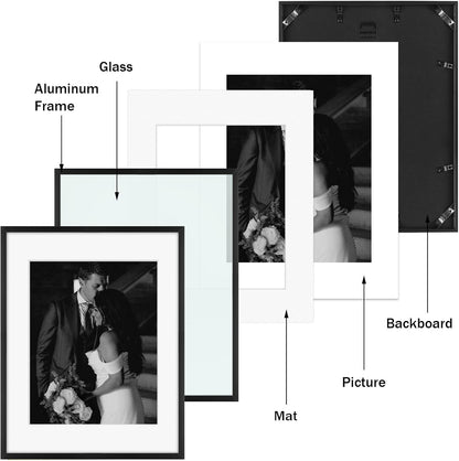 Frametory, Black Aluminum Picture Frame with Removable Mat - Set of 7 Includes Four 5x7, Two 8x10, One 11x14 - Real Glass Front - Simple Gallery Wall Frames for Art Prints and Posters