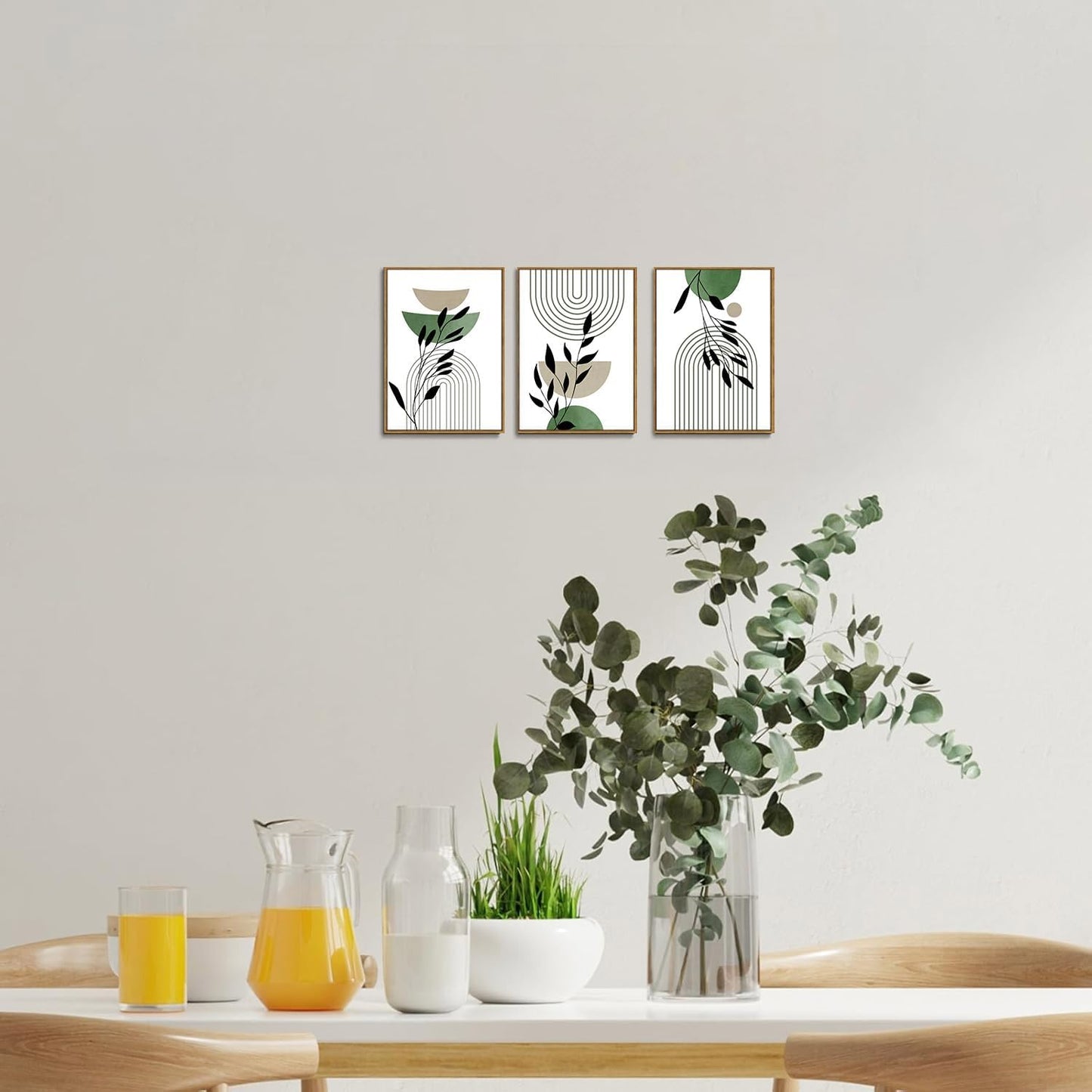 Bwodke Boho Wall Art, Framed Abstract Wall Art, Green Botanical Neutral Canvas Wall Decor, Large Mid Century Plant Pictures Set of 3, Modern Minimalist Paintings, for Bedroom Living Room Bathroom