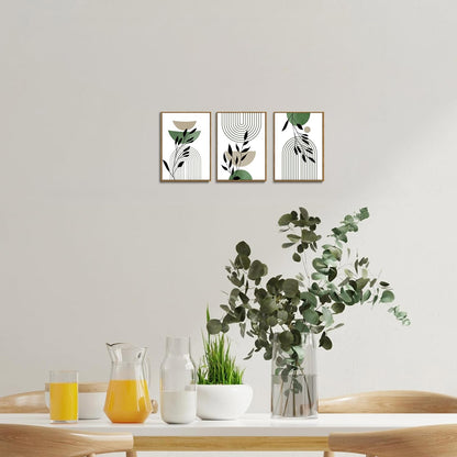 Bwodke Boho Wall Art, Framed Abstract Wall Art, Green Botanical Neutral Canvas Wall Decor, Large Mid Century Plant Pictures Set of 3, Modern Minimalist Paintings, for Bedroom Living Room Bathroom