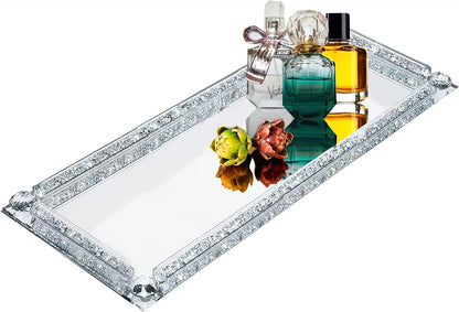 Crystal Glass Tray, Modern Mirror Jewelry Dresser Trinket Trays with Crushed Diamond, 11.8" x 7.9"Rectangular Makeup Perfume Tray for Bathroom Bedroom, Home Decor, Hotel Banquet, Party(Silver)