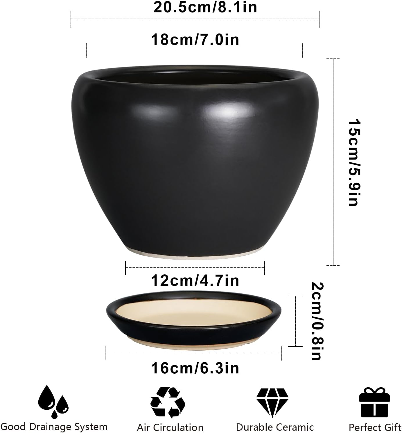 Ceramic Modern Glaze Succulent Planter Pot with Drainage Hole and Saucer 6 Inch Round Flower Plant Pot for Indoor Outdoor Herb Snake Plants