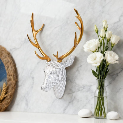 GIGICICI Mosaic Deer Head Wall Decor 15.7x8.7 Inch, Artistic Faux Resin Animal Head Wall Sculpture Hanging for Living Room Bedroom Kitchen Office, Black-White Gift