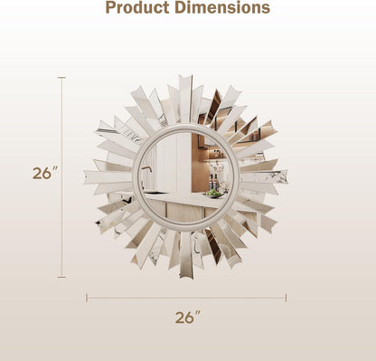 Gold Sunburst Mirror, 26" Sun Mirror Wall Decor with Beveled Glass Frame, Starburst Mirrors for Entryway, Dining Room, Living Room