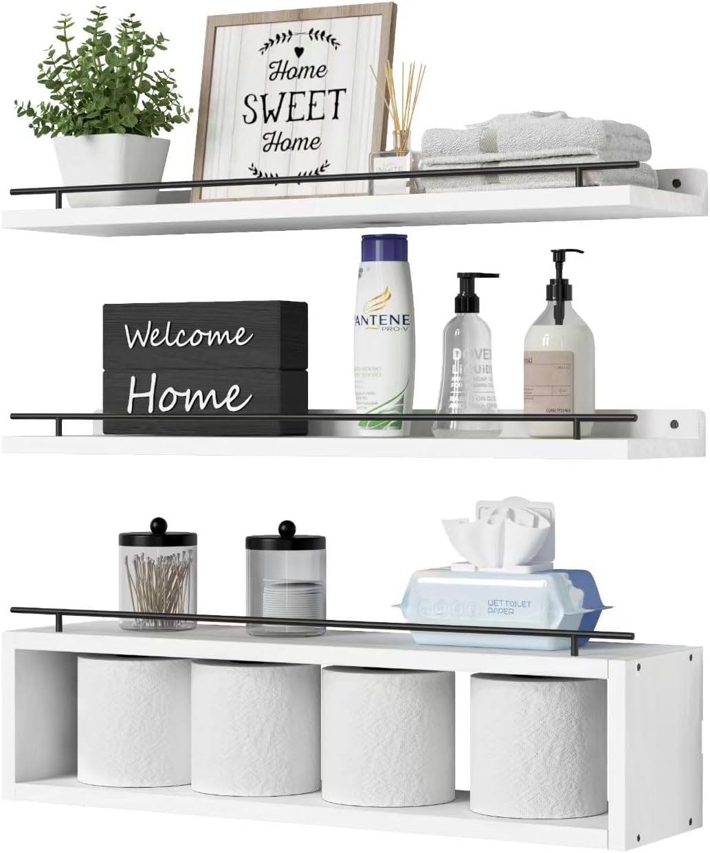 WOPITUES Floating Shelves for Wall with Cube Shelf, Wall Shelves with Metal Rail for Bathroom Decor, Bathroom Organizers and Storage, Over Toilet Shelves for Toilet Paper-Black
