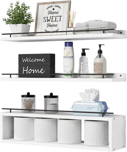 WOPITUES Floating Shelves for Wall with Cube Shelf, Wall Shelves with Metal Rail for Bathroom Decor, Bathroom Organizers and Storage, Over Toilet Shelves for Toilet Paper-Black