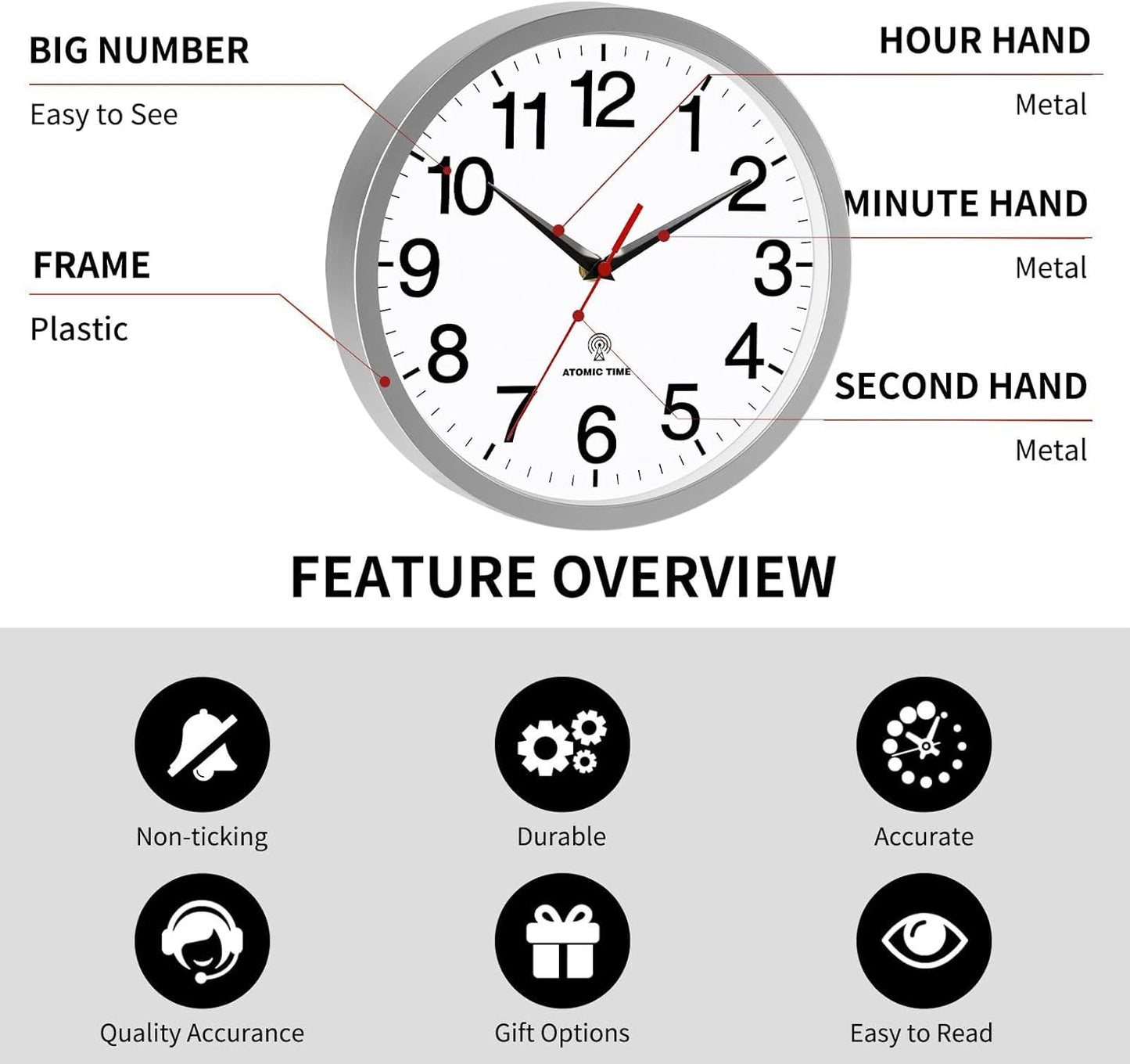 Rohioue Wall Clock Modern 8 Inch Battery Operated Silent Non Ticking Small Analog Clock for Living Room Office Home Bedroom Kitchen Bathroom(Black)