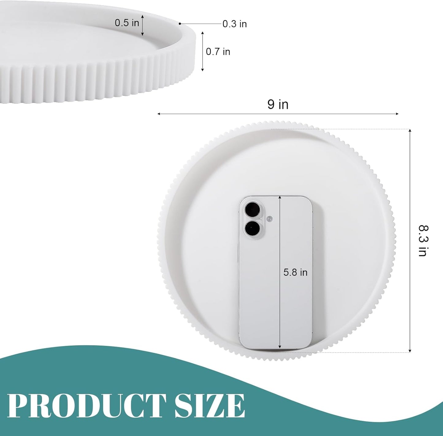 Silicone Bathroom Tray Round Kitchen Counter Organizer Decorative Vanity Accessories Coffee Table Decor for Perfume, Candle, Soap Dish, 9 Inch, Black