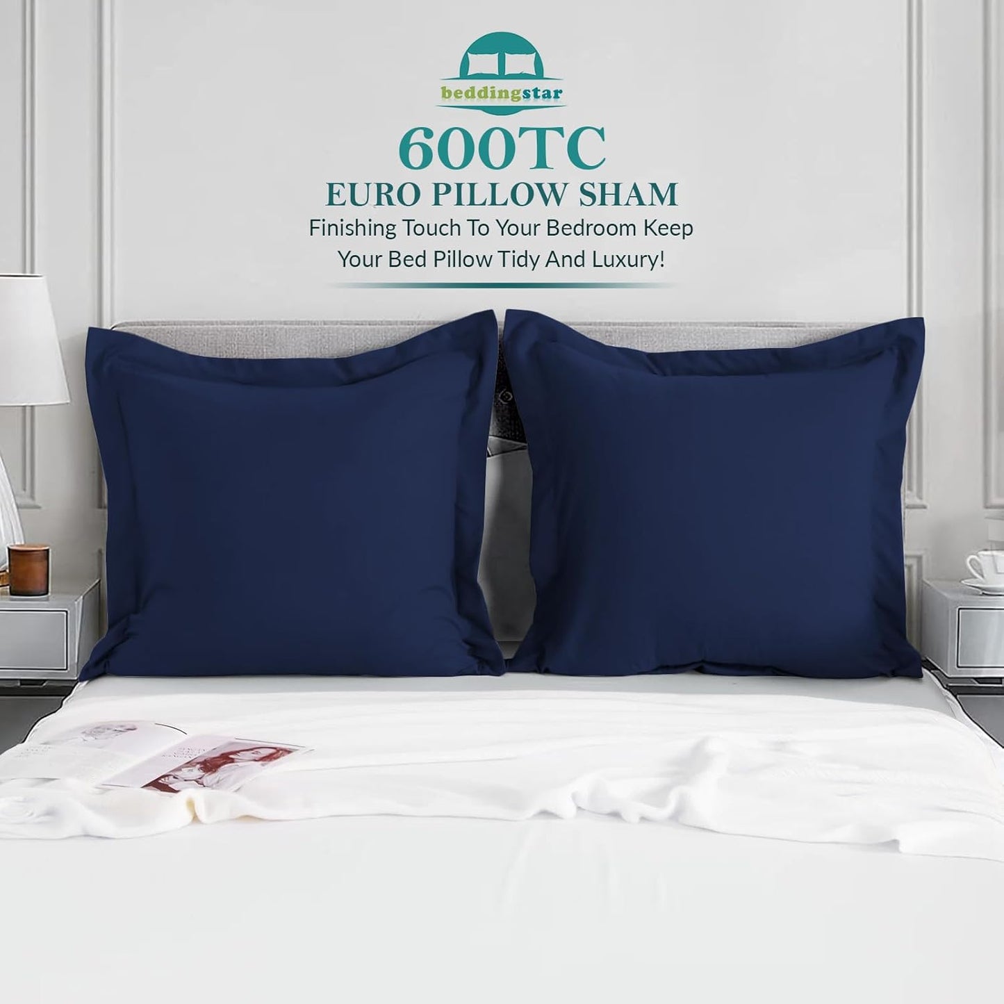 Euro Sham Covers 26x26 Set of 2 White 600 Thread Count 100% Egyptian Cotton Pack of 2 Euro 26x26 Pillow Covers Cushion Cover Cases Soft Skin Friendly European Size Decorative Square Pillow Shams