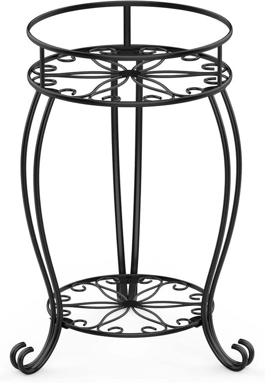 FaithLand 2 Pack Metal Plant Stands, Tall Planter Holder Indoor Outdoor, 2 Tier Round Potted Supports Rack, Corner Display Shelf Black