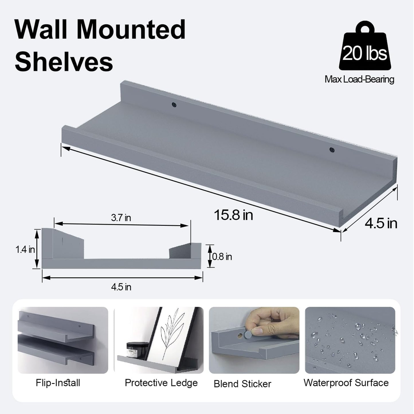 White Floating Shelves for Wall Decor, Wall Mounted Wood Storage Shelf for Bedroom, Living Room, Bathroom, Kitchen, Nursery, Display Picture Ledge Shelf with Lip Set of 2-14 Inches, White