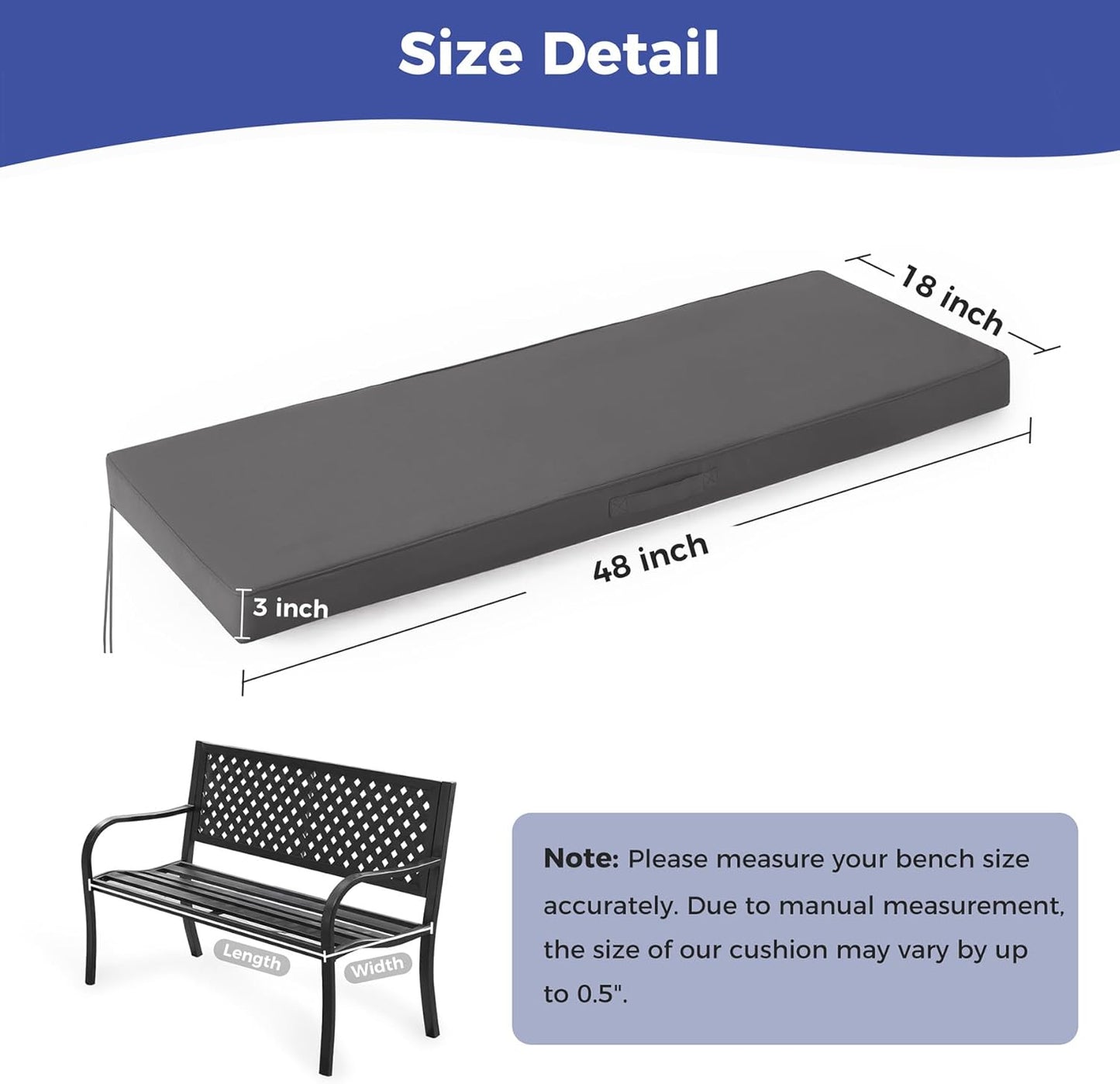 IPYNBAP Outdoor Bench Cushions for Outdoor Furniture, 48x18x3 Inch, Waterproof Bench Pillow, Fade Resistant Long Bench Seat Pads for Garden, Indoor, Porch Swing, Navy Blue