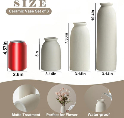 Ceramic Vase Set-3, Small Flower Vases for Decor, Modern Boho Farmhouse Style, Decorative Vases for Pampas Grass & Dried Flowers, Distressed Finish (Beige)