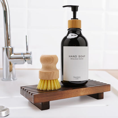 Renawe Farmhouse Bathroom Counter Tray Wood Display Pedesta Stand Kitchen Countertop Trays Decorative Wooden Riser Dish Soap Dispenser Holder for Bathroom Sink Accessories Kitchen Decor Vanity Tray