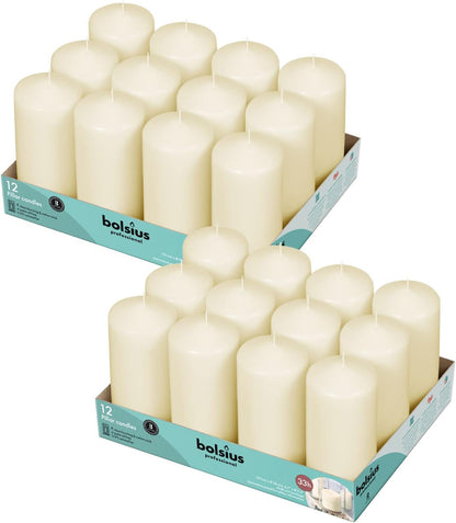 BOLSIUS 12 Ivory Pillar Candles Bulk - 2.3 x 3 inch Candle Set - 17 Hours Clean Burning - No Palm Oil - 0% Animal Fat - Premium European Quality - Wedding, Party, Dinner & Emergency Candles