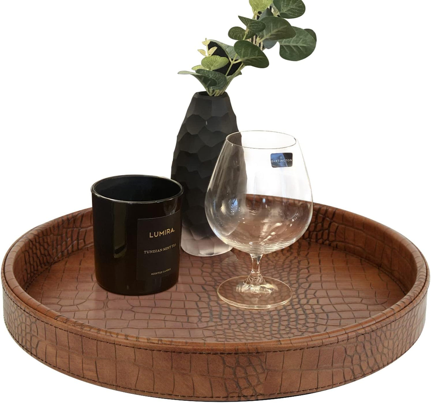 HofferRuffer Round Serving Tray 20'', Elegant Faux Leather Circle Ottoman Table Tray, Serve Tea Coffee Breakfast in Bedroom Living Room Kitchen (Brown)