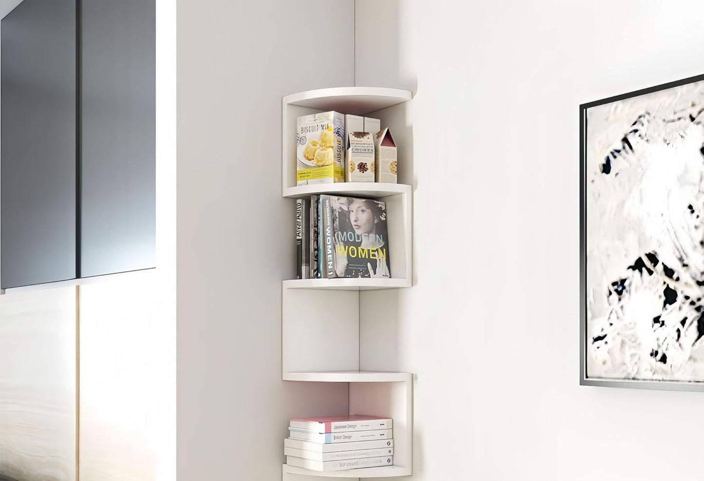 No-Drill Corner Shelf Wall Mount, 5-Tier Floating Corner Bookshelf with Hooks, Space-Saving Zigzag Plant Shelf for Bedroom, Living Room, Bathroom, Home Office