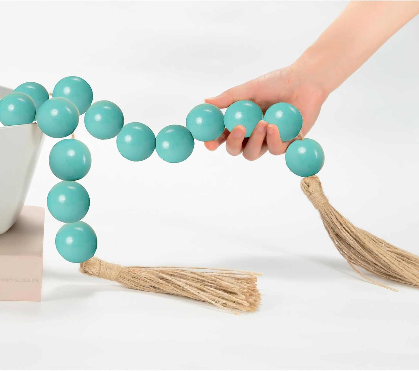 OMISHE Extra Large Wood Bead Garland with 1.6" Diameter Wooden Beads and Tassels, 41" Long Rustic Farmhouse Country Decorative Beads for Home Tiered Tray Decor, Natural Beige