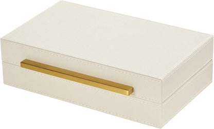 Sagala Set of 2 Ivory Shagreen Decorative Boxes With Brushed Gold Metal Handles, Faux Leather Jewelry Boxes Modern Storages Photo Memory Boxes Home Organizer Boxes (Ivory-Gold, 2pack)